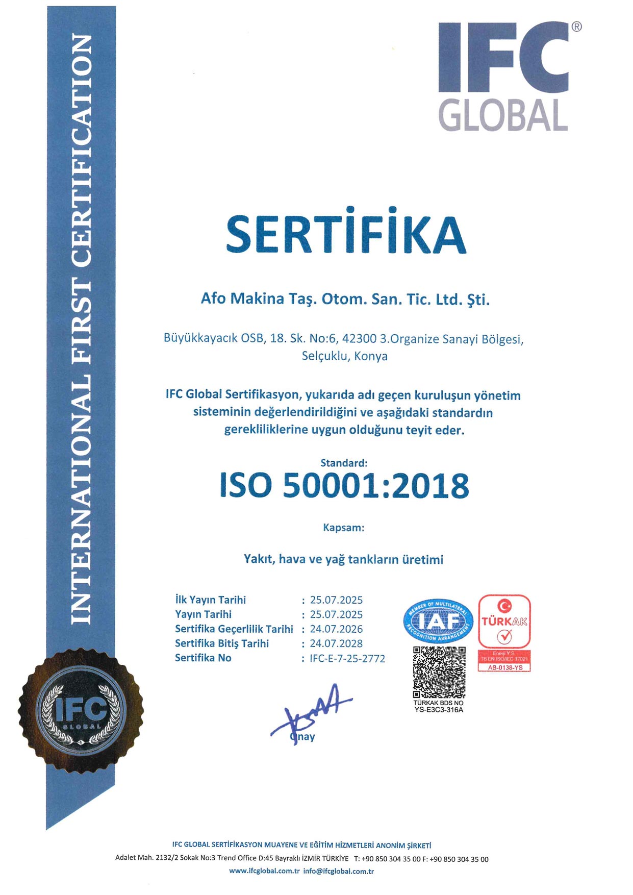 Afo Makina Yeni ISO 50001 Belgesi